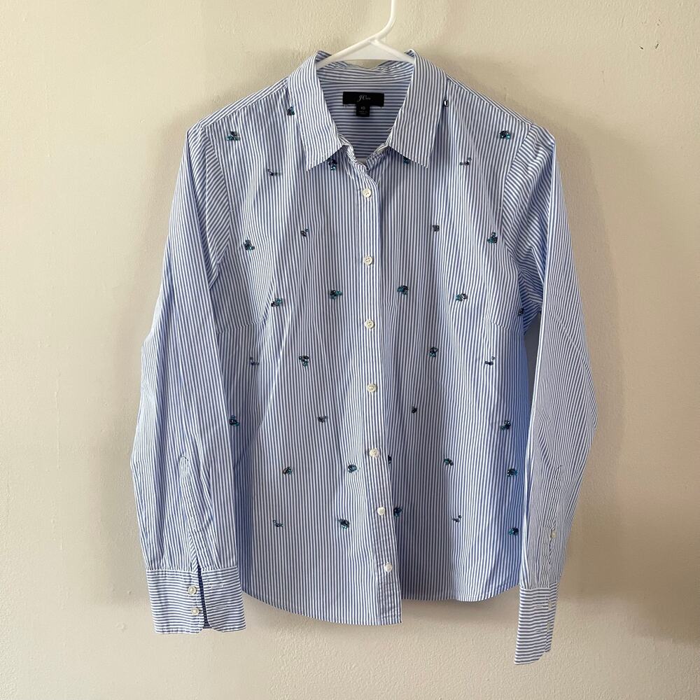 J Crew Jewel Button Top 10 Womens Blue White Striped Oxford Preppy Shirt K0812